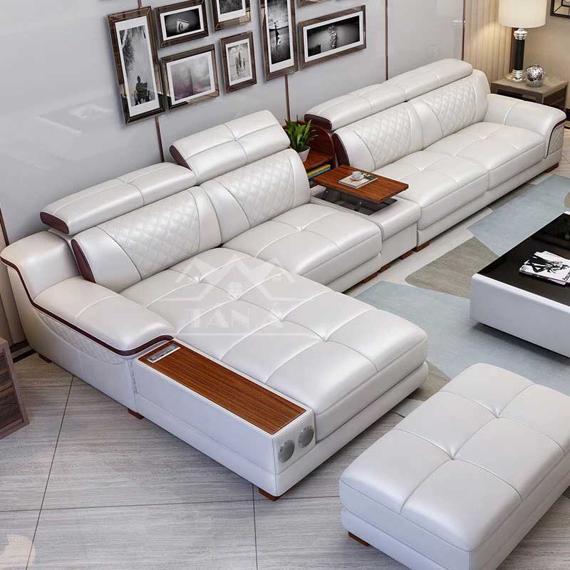 Bộ ghế sofa da màu xám trắng đẹp hiện đại N28