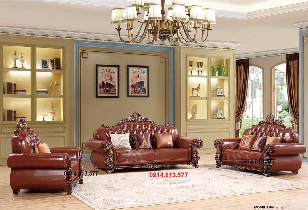 bộ bàn ghế sofa da bò thật tân cổ điển đẹp giá rẻ tphcm, sofa nhập khẩu malaysia