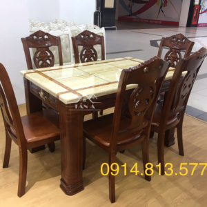 Bộ bàn ăn gia đình mặt đá vuông 6 ghế bằng gỗ sồi nga nhập khẩu đài loan