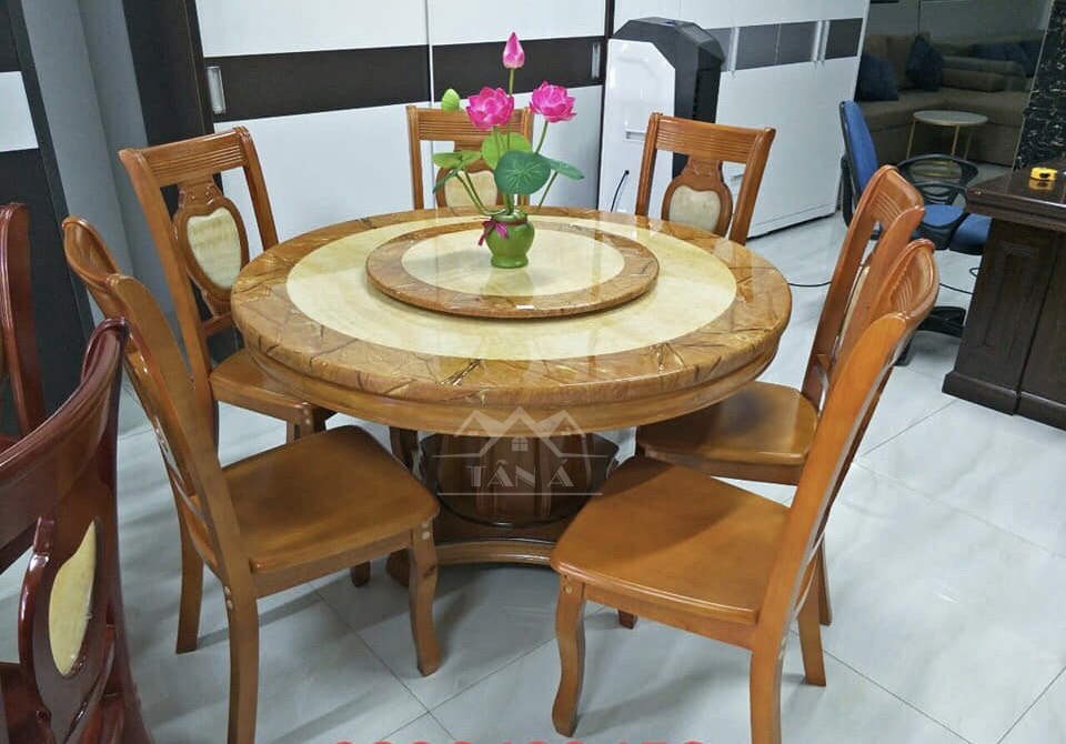 bàn ăn tròn mặt đá 4,6,8ghế gỗ sồi nga, bàn ăn đẹp giá rẻ