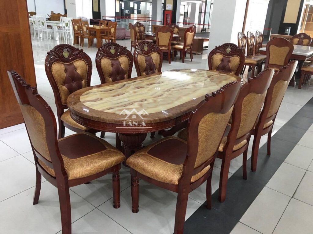Bộ bàn ăn oval mặt đá 8 ghế gỗ sồi nga tân cổ điển hàng nhập khẩu đài loan