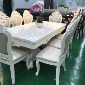 Bộ bàn ăn chữ nhật mặt đá 8 ghế gỗ sồi nga tân cổ điển hàng nhập khẩu đài loan