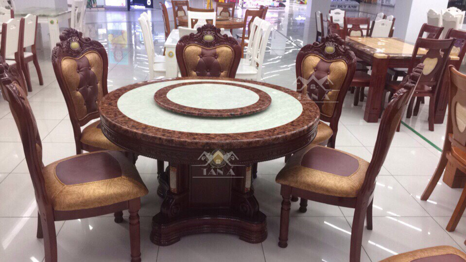 Bộ bàn ăn tròn mặt đá đẹp 6 8 ghế gỗ sồi tân cổ điển nhập khẩu đài loan