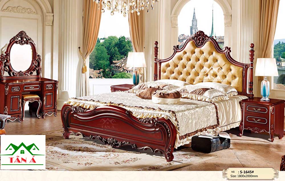 Mẫu Combo bộ giường tủ bàn phấn trang điểm tân cổ điển, giường ngủ cưới cổ điển giá rẻ
