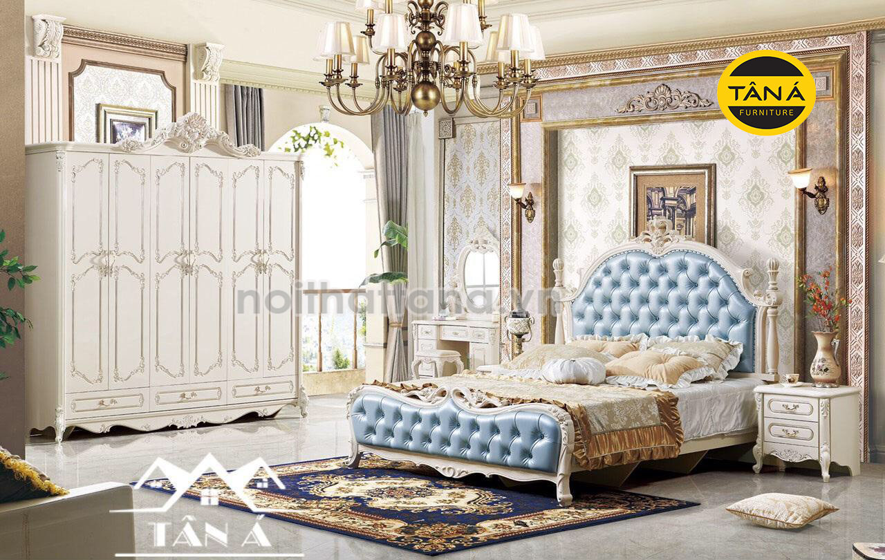 Bộ giường ngủ hoàng gia cao cấp bọc da xanh dương