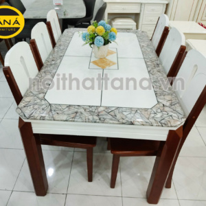 Bộ Bàn Ăn 6 Ghế Gỗ Mặt Đá Viền Họa Tiết Độc Đáo BA40