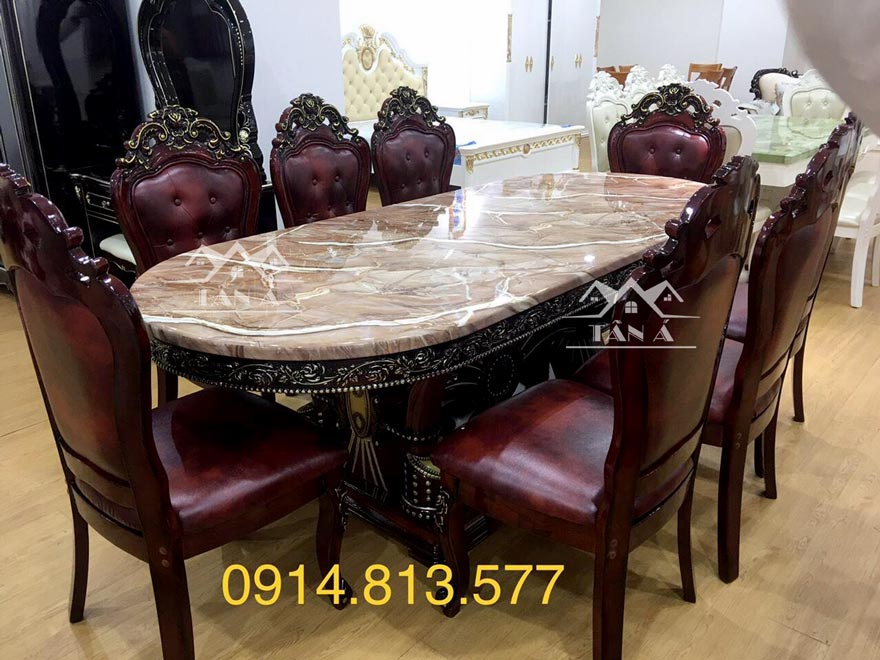 Bộ bàn ăn Oval mặt đá 8 ghế gỗ sồi tự nhiên nhập khẩu đài loan BA46, bàn ăn gia đinh giá rẻ đẹp