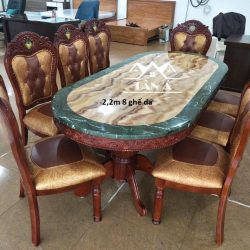bộ bàn ăn mặt đá tân cổ điển 8 ghế gỗ sồi nhập khẩu đài loan, bàn ăn đẹp giá rẻ