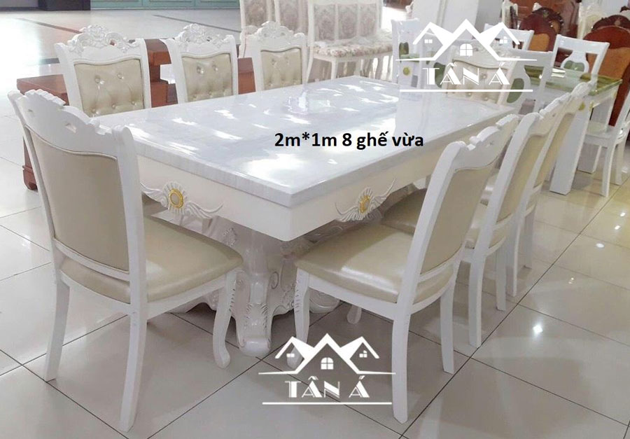 Bộ bàn ăn màu trắng hình chữ nhật 8 ghế gỗ sồi BA71