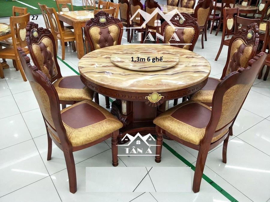 Bộ bàn ăn tròn mặt đá gỗ sồi tân cổ điển nhập khẩu đài loan, bàn ăn đẹp giá rẻ