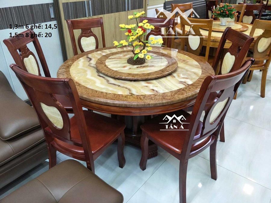 Bộ bàn ăn tròn mặt đá xoay 6, 8 ghế gỗ sồi nhập khẩu, bàn ăn hiện đại giá rẻ