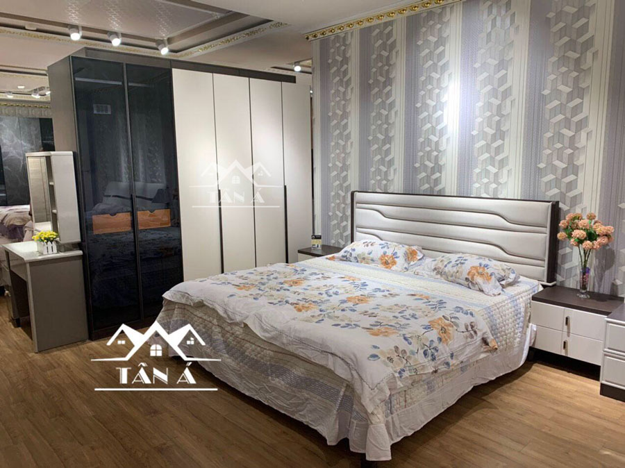 mẫu giường tủ phòng ngủ giá rẻ đẹp hiện đại nhập khẩu đài loan, giường ngủ bọc da gỗ công nghiệp gỗ sồi
