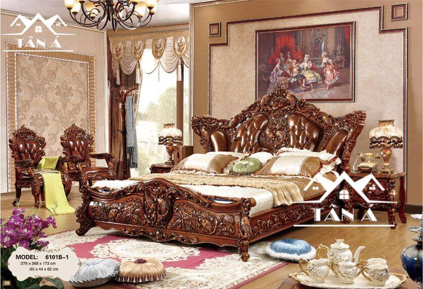 Bộ giường ngủ tân cổ điển gỗ sồi nhập khẩu đài loan, giường ngủ cao cấp