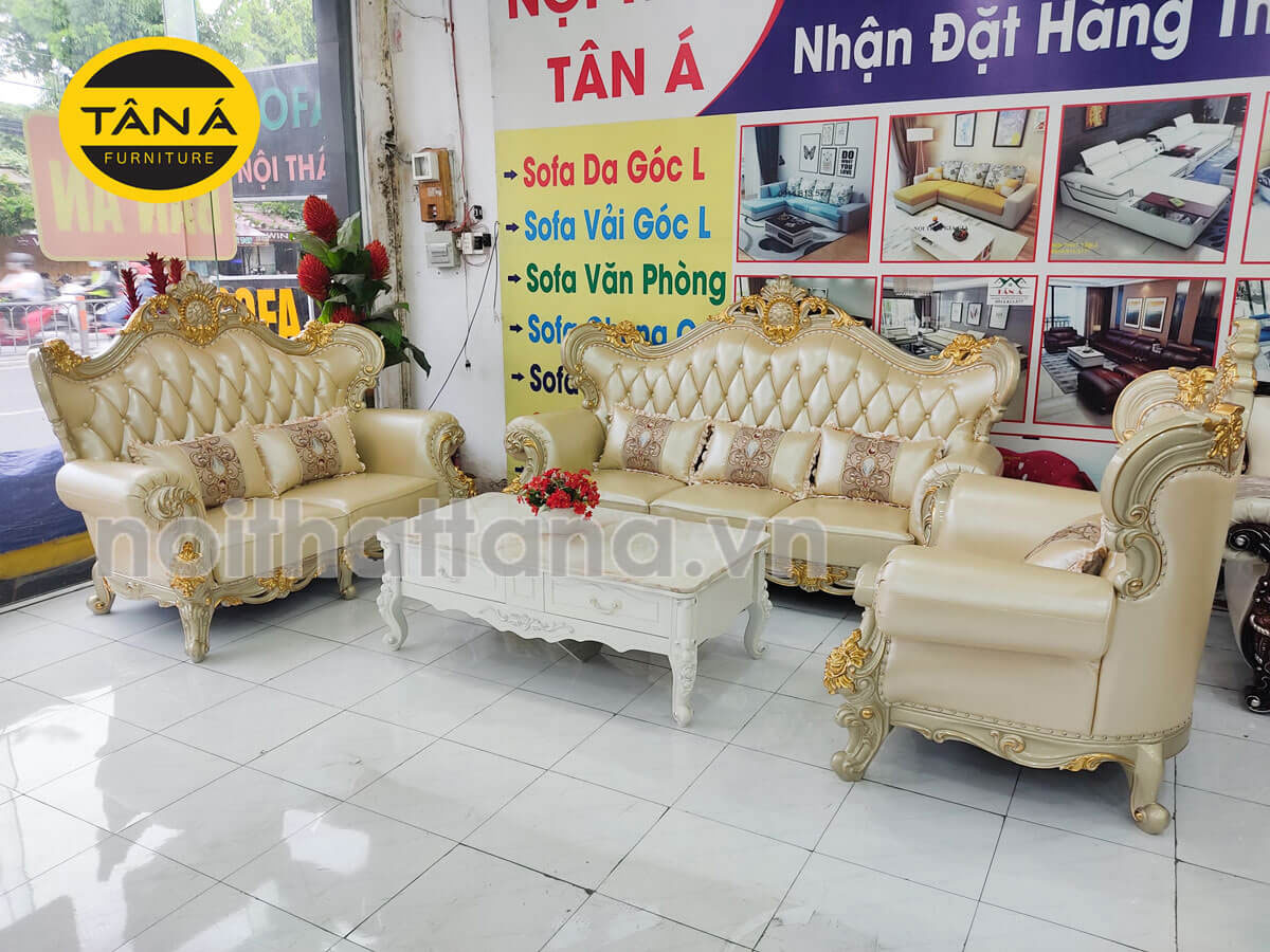 Bộ ghế sofa da bò tiếp xúc tân cổ điển nhập khẩu