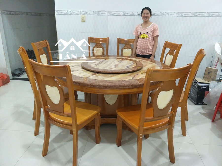 Bộ bàn ăn tròn mâm xoay hiện đại 6 ghế gỗ sồi