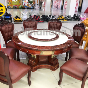 Bộ Bàn Ăn Tròn Mặt Đá Có Mâm Xoay 8 Ghế Gỗ Sồi Bọc Da Cao Cấp BA86