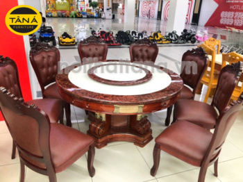 Bộ Bàn Ăn Tròn Mặt Đá Có Mâm Xoay 8 Ghế Gỗ Sồi Bọc Da Cao Cấp BA86