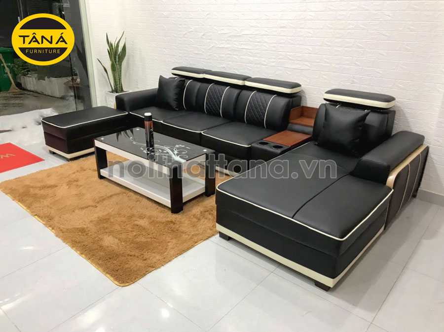 Ghế sofa gỗ bọc da màu đen hiện đại