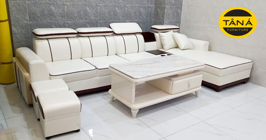 Ghế sofa da màu trắng cho phòng khách hiện đại N33