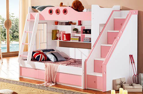 Giường tầng trẻ em gỗ công nghiệp dành cho 2 bé gái màu hồng