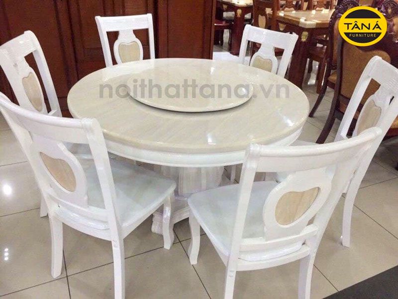 Bộ bàn ăn tròn mặt đá xoay 6 ghế hiện đại màu trắng BA85