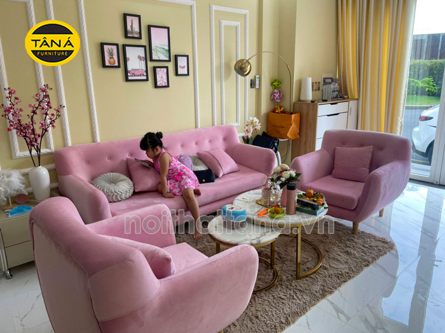 Bộ ghế sofa màu hồng cao cấp