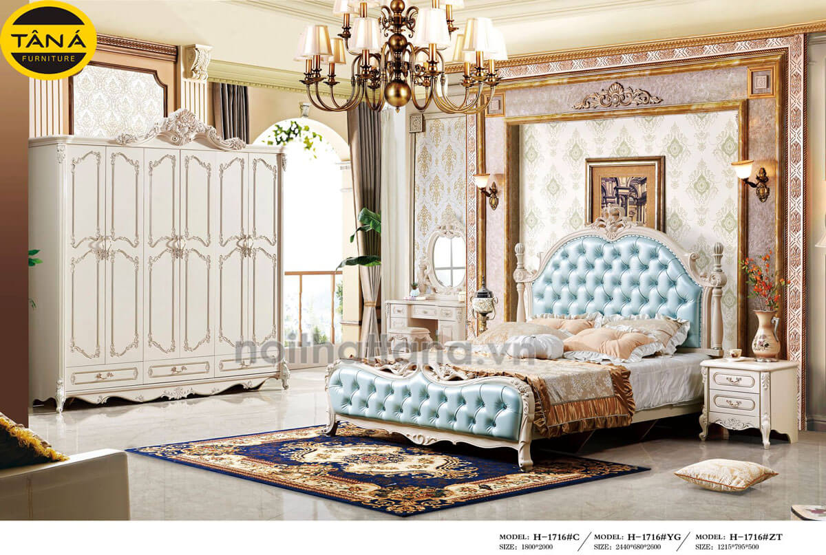 Bộ giường ngủ hoàng gia cao cấp bọc da xanh dương