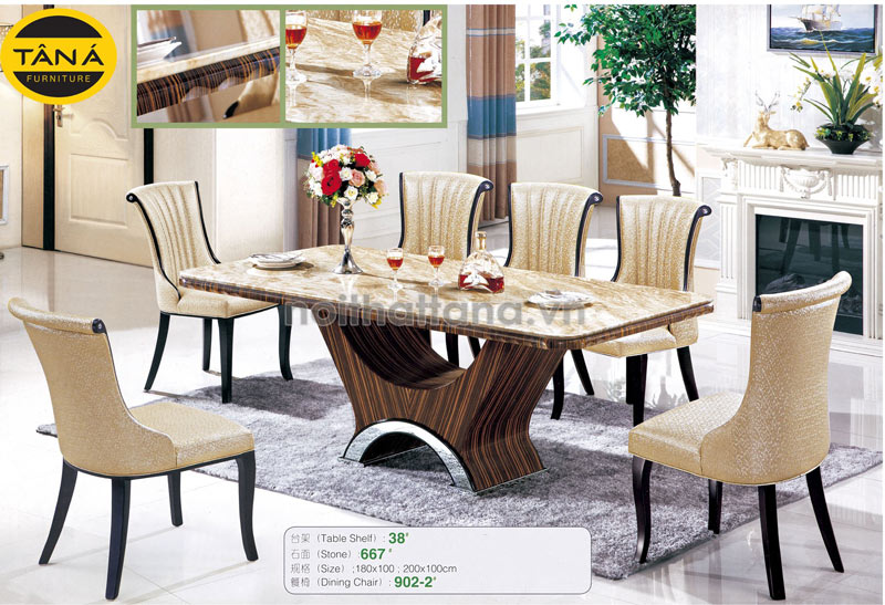 Bộ bàn ăn mặt đá gỗ sồi 8 ghế bọc nệm cao cấp