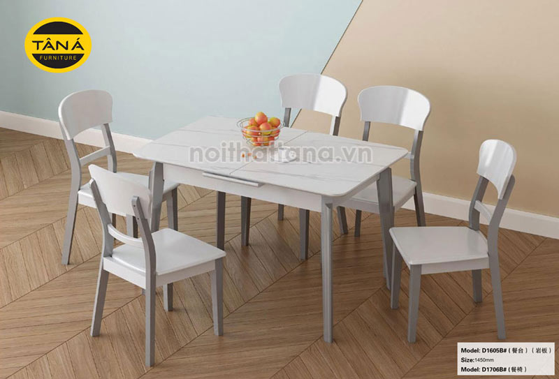 Bộ bàn ăn màu trắng thông minh gấp gọn 4 ghế gỗ BA-D1605b