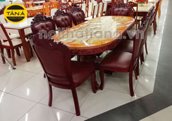 Bộ bàn ăn oval mặt đá tân cổ điển 8 ghế gỗ sồi bọc da cao cấp BA14