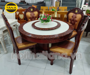 Bộ Bàn Ăn Tròn Mâm Xoay Tân Cổ Điển BA28 Mặt Đá 6 Ghế Gỗ Sồi Cao Cấp