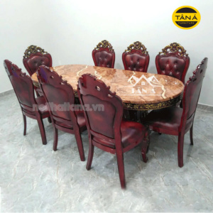 Bộ bàn ăn mặt đá tân cổ điển 8 ghế gỗ bọc da cao cấp