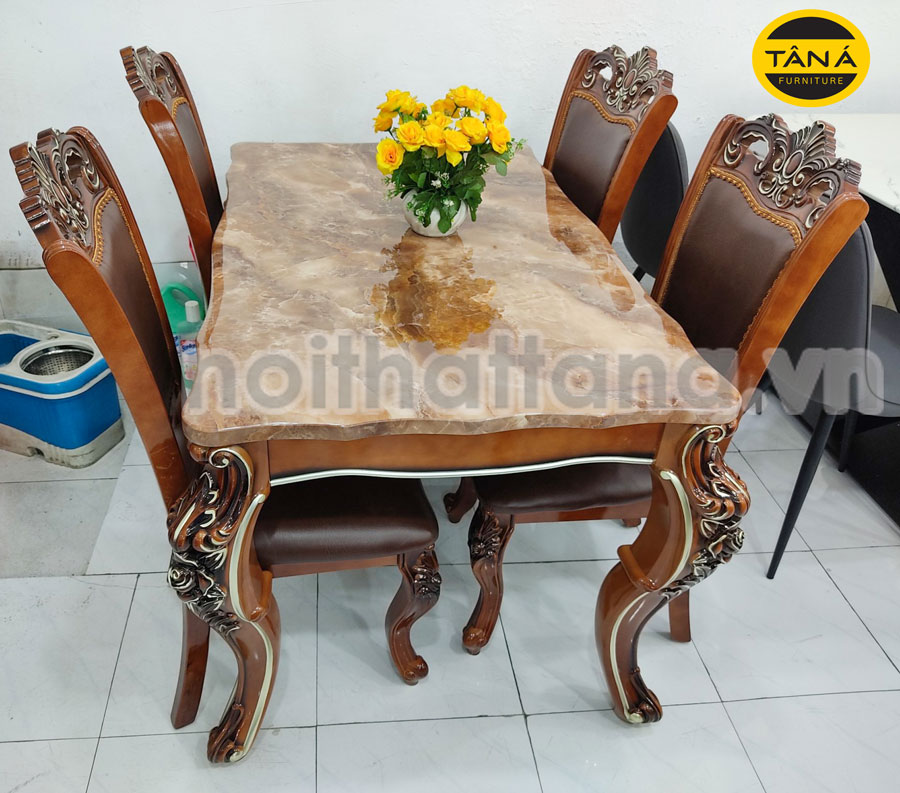 Bộ bàn ăn mặt đá tân cổ điển 6 ghế gỗ sồi nhập khẩu Đài Loan