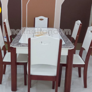 Bộ Bàn Ăn 6 Ghế Gỗ Mặt Đá Viền Họa Tiết Độc Đáo BA40