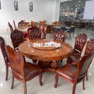 Bộ Bàn Ăn Tròn Mặt Đá Xoay BA198 Tân Cổ Điển 8 Ghế Gỗ Sồi Cao Cấp