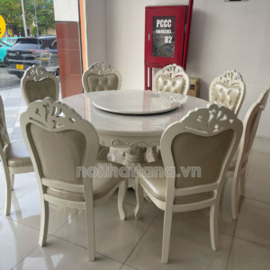 Bộ Bàn Ăn Tròn Mặt Đá Xoay Tân Cổ Điển 8 Ghế Gỗ Sồi NH06 Cao Cấp