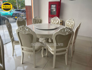Bộ Bàn Ăn Tròn Mặt Đá Xoay Tân Cổ Điển 8 Ghế Gỗ Sồi NH06 Cao Cấp