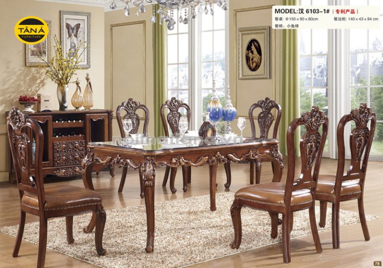 Bộ bàn ăn 6 ghế tân cổ điển mặt đá gỗ sồi