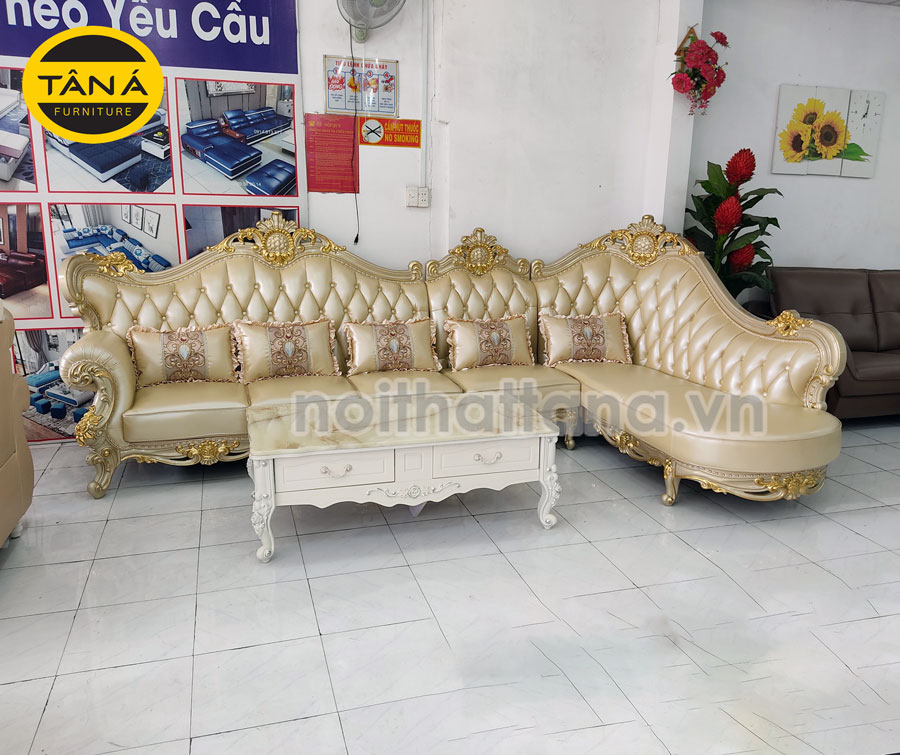 Ghế sofa góc L tân cổ điển màu vàng quý phái