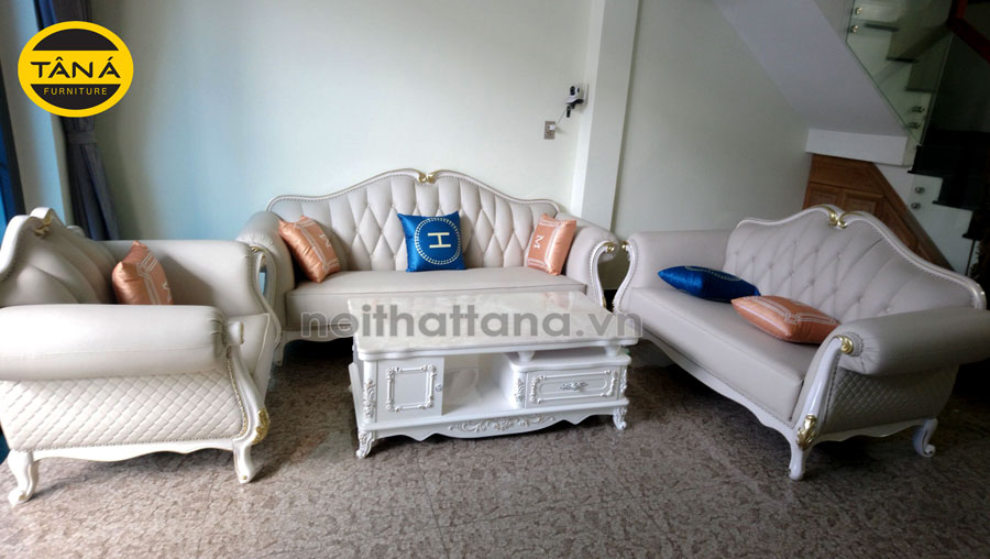 Ghế sofa gỗ bọc da cao cấp phong cách tân cổ điển