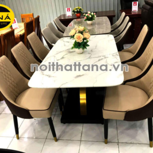Bộ bàn ăn mặt đá 6 ghế bọc nệm da nhập khẩu