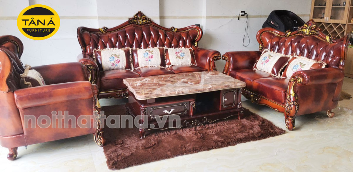 Mẫu bàn ghế sofa tân cổ điển gỗ sồi bọc da nhập khẩu đài loan