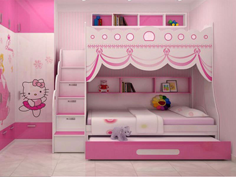 Giường 2 tầng cho bé gái bằng gỗ công nghiệp dễ thương