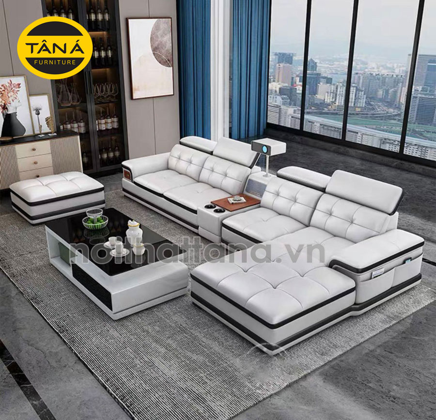 Ghế sofa da màu trắng góc chữ L đẹp N71
