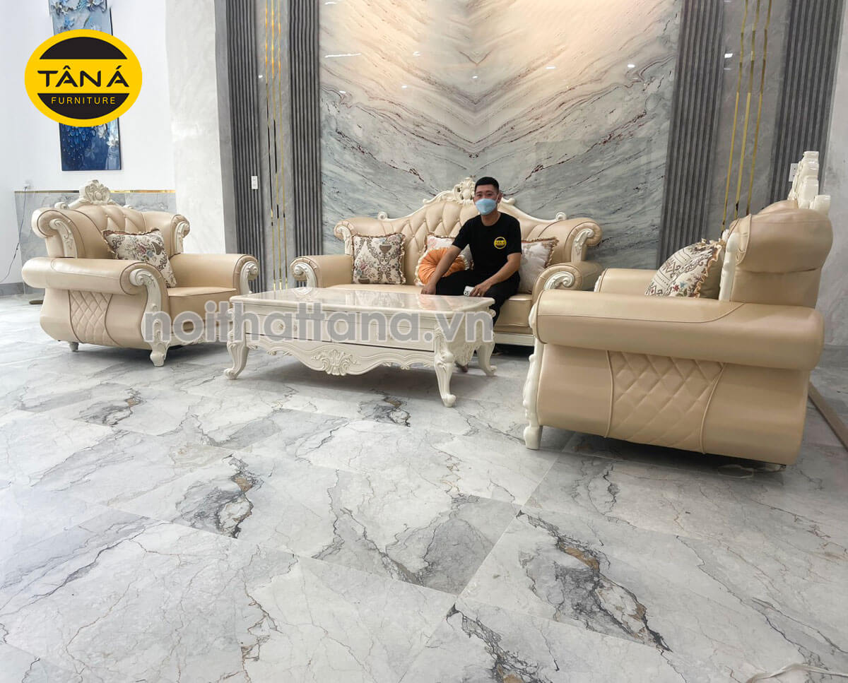 ghế sofa gỗ sồi bọc da tân cổ điển cao cấp nhập khẩu đài loan