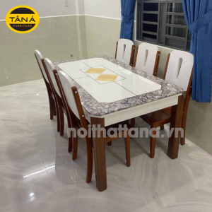 Bộ Bàn Ăn 6 Ghế Gỗ Mặt Đá Viền Họa Tiết Độc Đáo BA40
