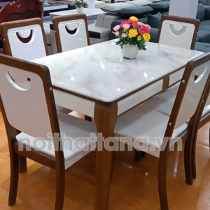 Bộ Bàn Ăn 6 Ghế Gỗ Sồi Mặt Đá Trắng Đẹp Tinh Tế BA89