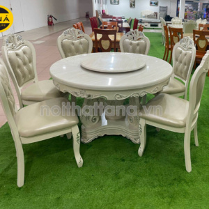 Bộ Bàn Ăn Tân Cổ Điển 6 Ghế BA76 Mặt Đá Tròn Có Mâm Xoay Cao Cấp
