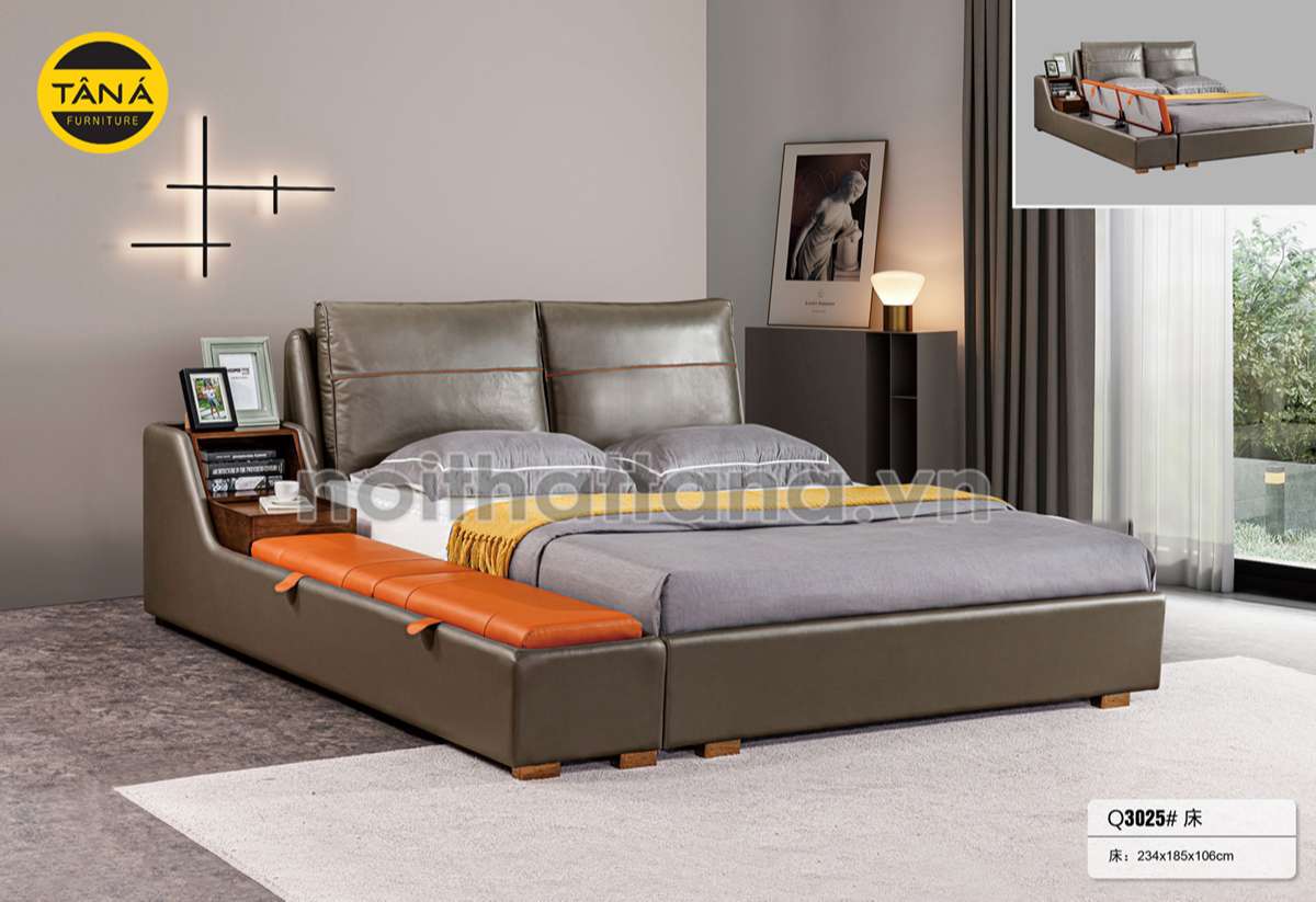 giường ngủ gỗ sồi bọc da giá rẻ