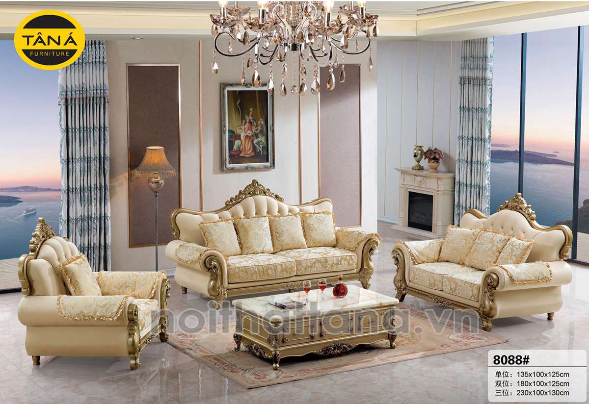 Sofa tân cổ điển vải nỉ màu kem quý phái